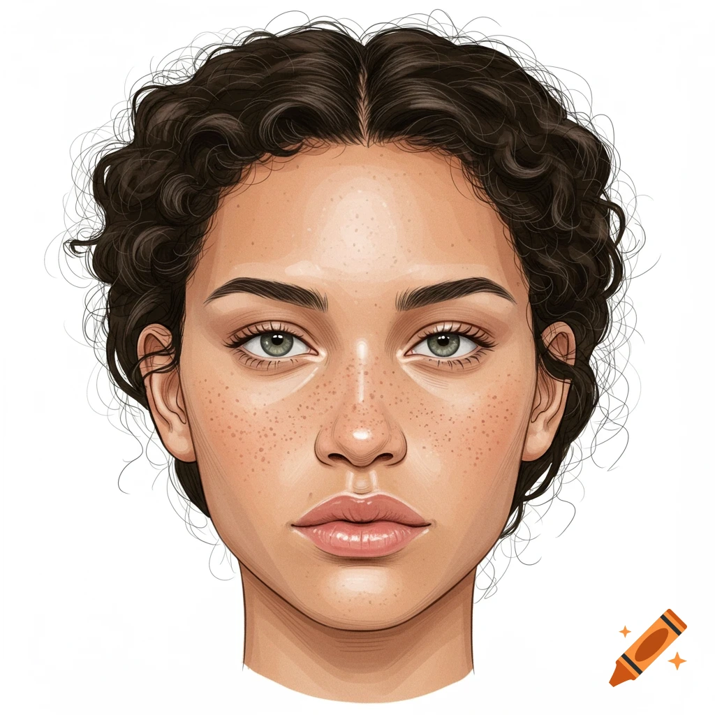 A stylized portrait of a young woman's face with curly brown hair, freckles, and green eyes.