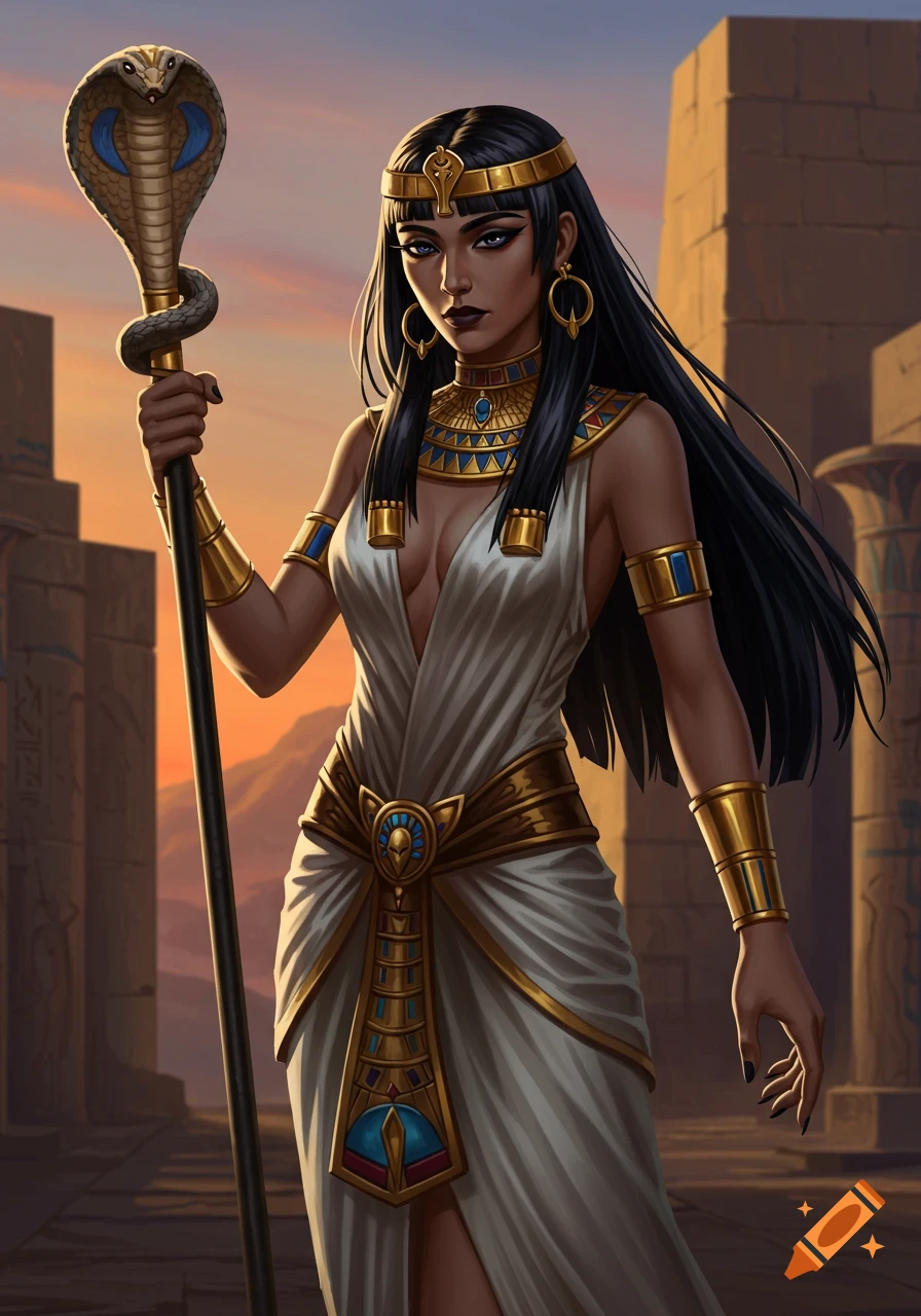 A woman in ancient Egyptian attire with a snake staff stands in a temple setting at sunset.