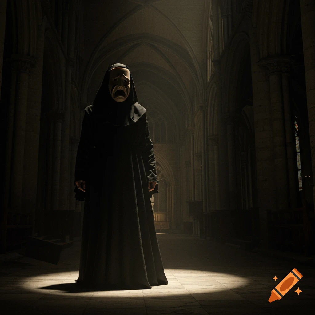 A robed figure wearing a tragic mask stands in a spotlight in a dark cathedral.