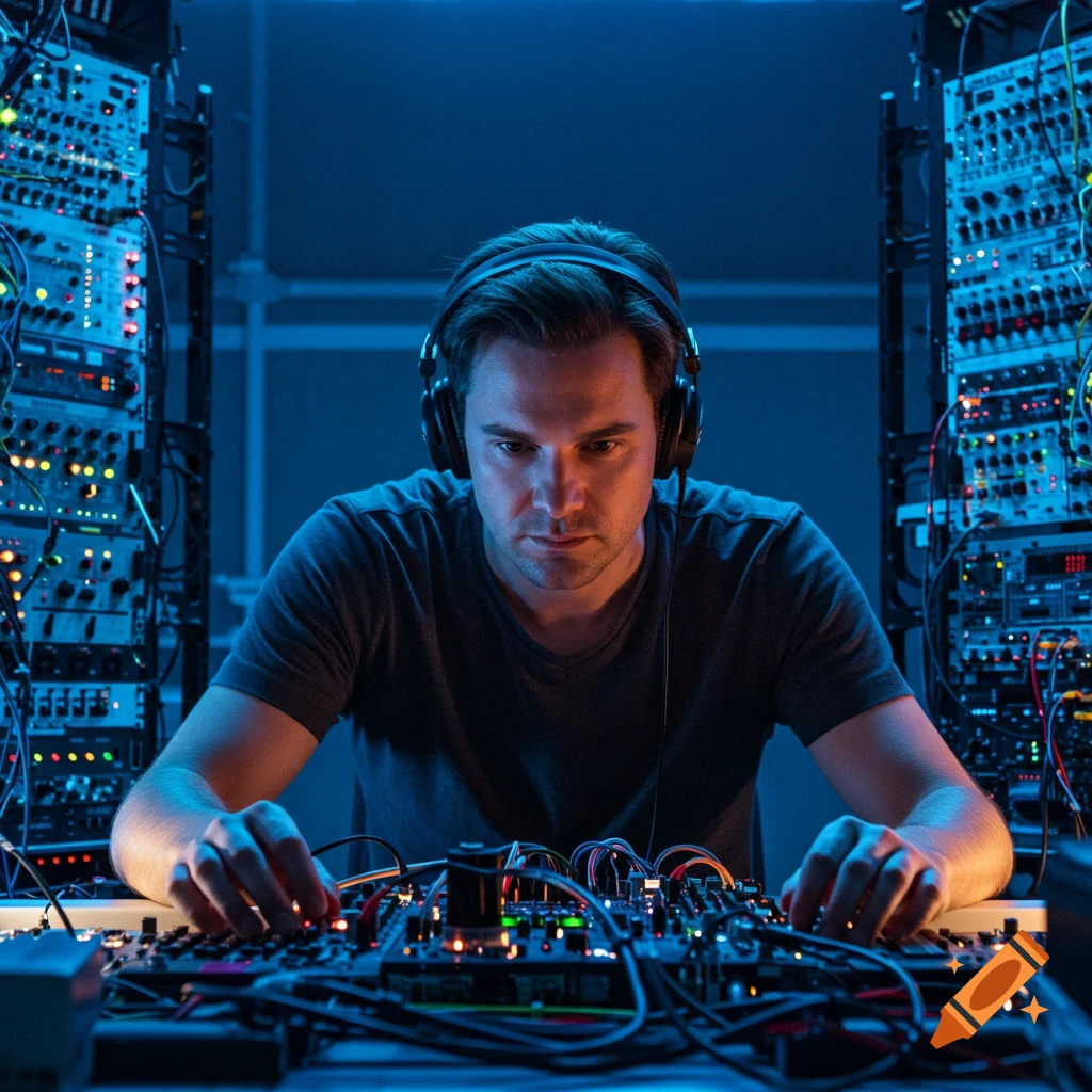 A man wearing headphones works with complex electronic equipment.