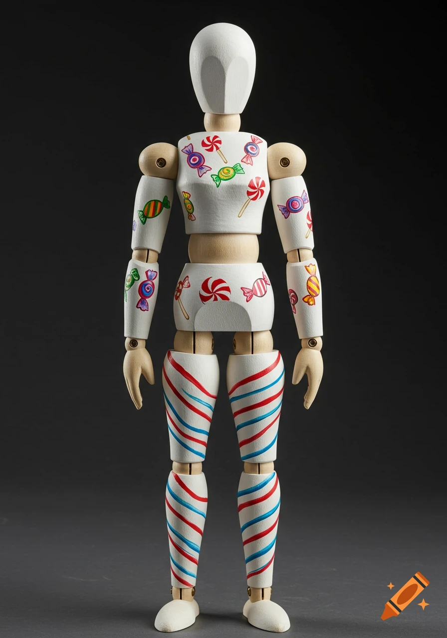 A wooden mannequin is painted with colorful candy designs on its torso and arms, and red and blue stripes on its legs.