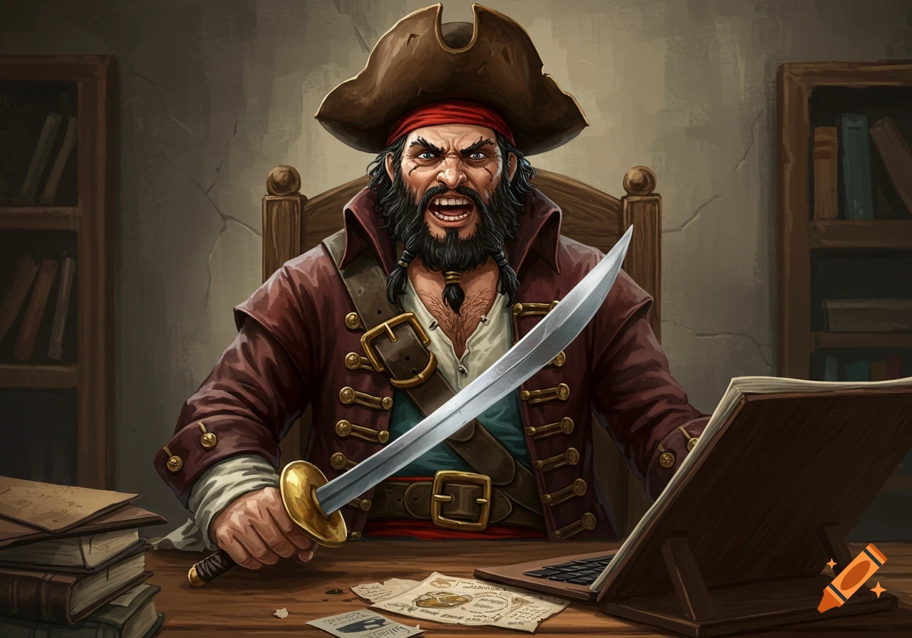 An angry pirate with a sword is sitting at a messy desk.