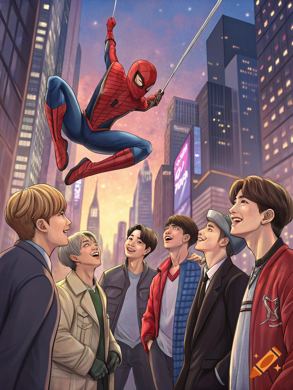 Illustration of Spider-Man swinging above a group of men looking up in a city.