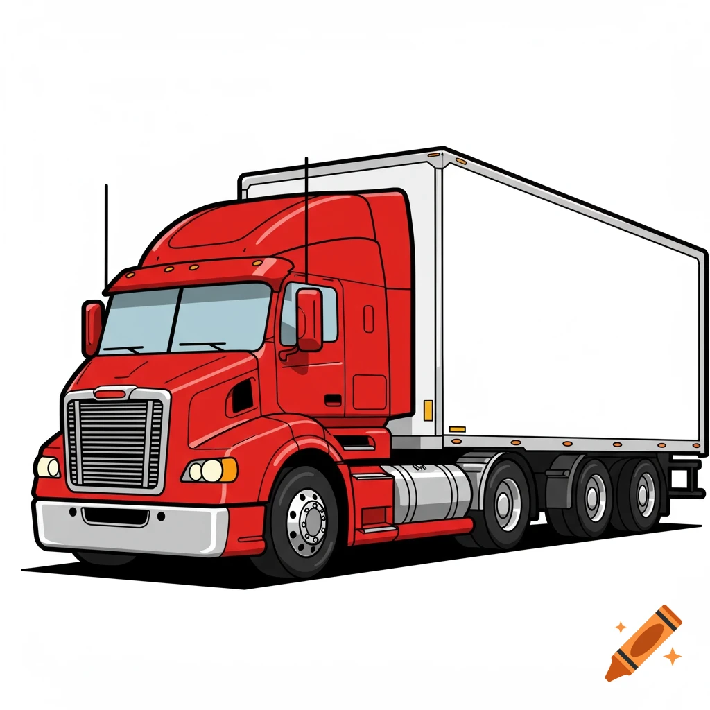 A red semi-truck with a white trailer in a clipart style.