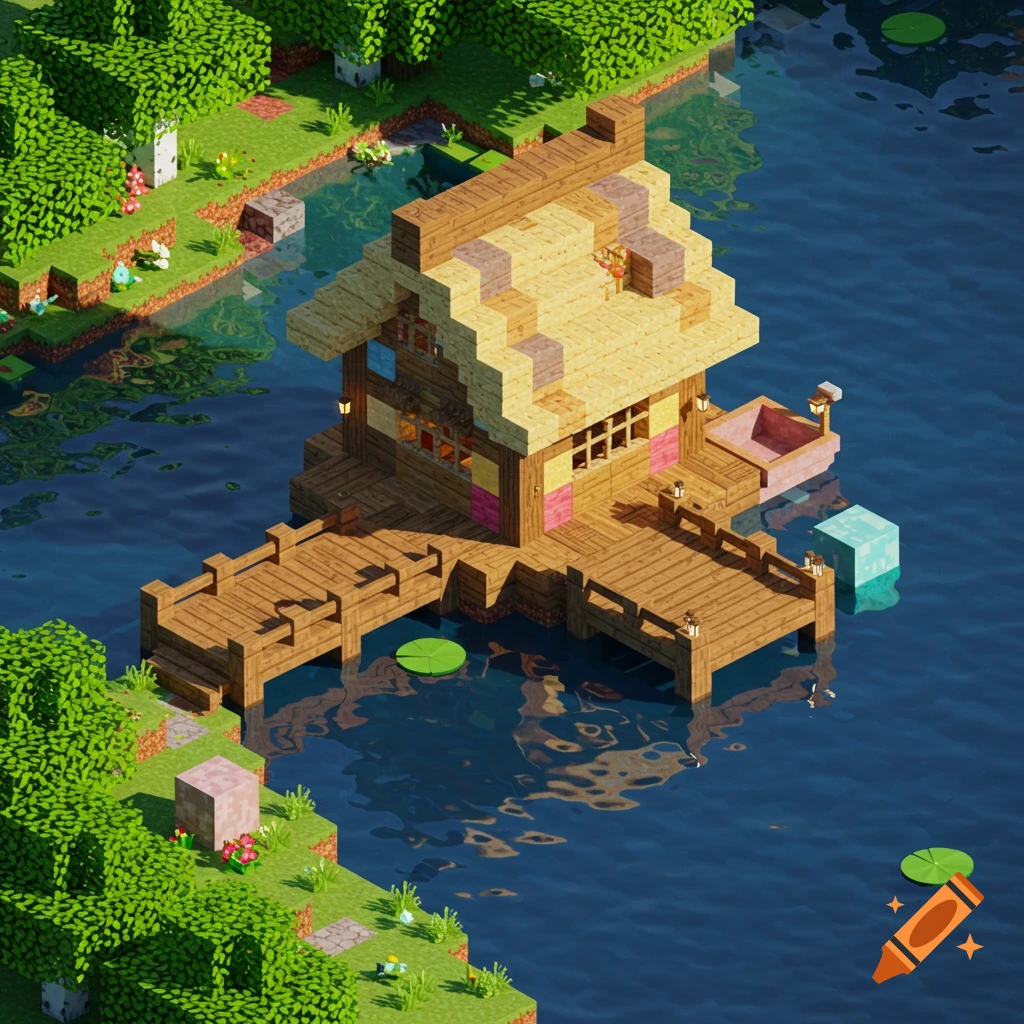 A Minecraft-style house built on a dock over water near a grassy shore with trees.