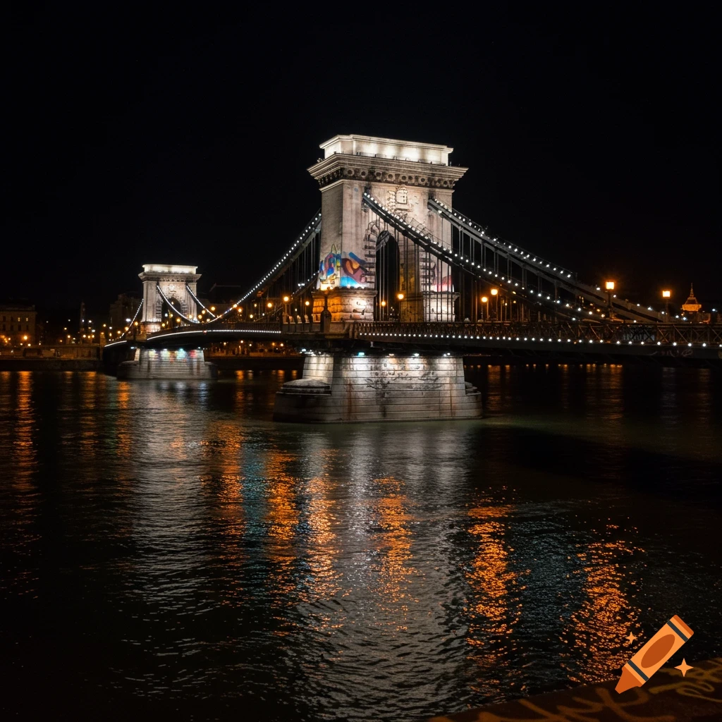 Budapest Chain Bridge at night, lit up, reflected in the water, with graffiti on the piers.