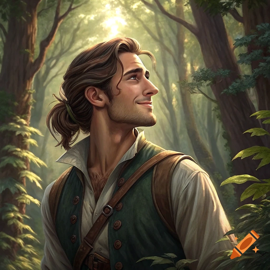 A man with a ponytail in a forest, looking up at the light. Realistic fantasy style.