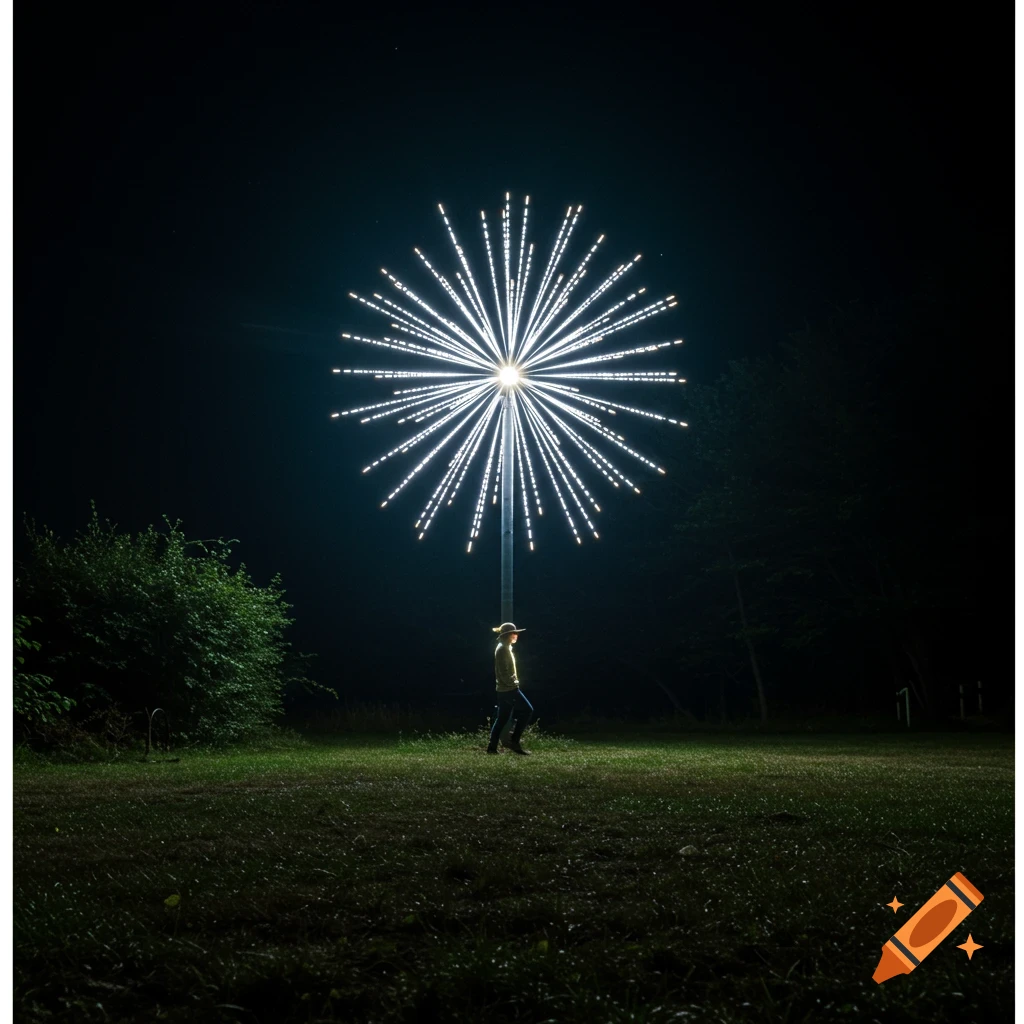 A person stands under a bright starburst light structure in a dark field at night.