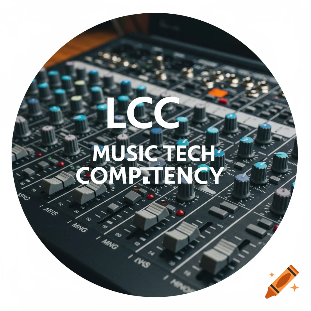 Round close-up of a mixing board with LCC Music Tech Competency text.