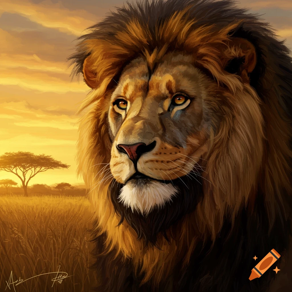 A majestic male lion in a savanna at sunset.