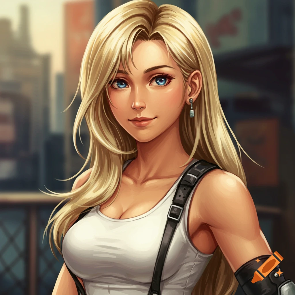 A blonde woman with blue eyes in a white tank top and suspenders.