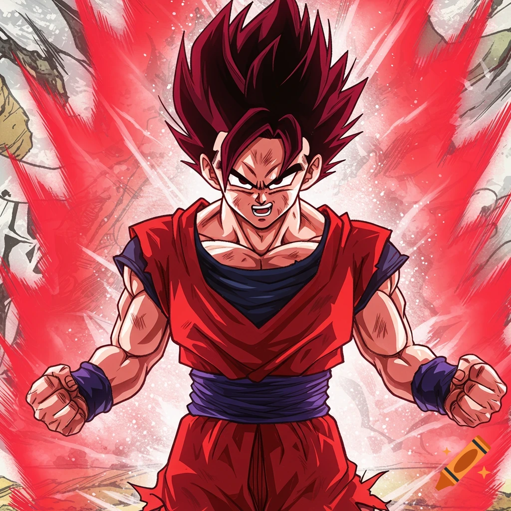 Anime portrait of Gohan in KaioKen form surrounded by a red energy aura