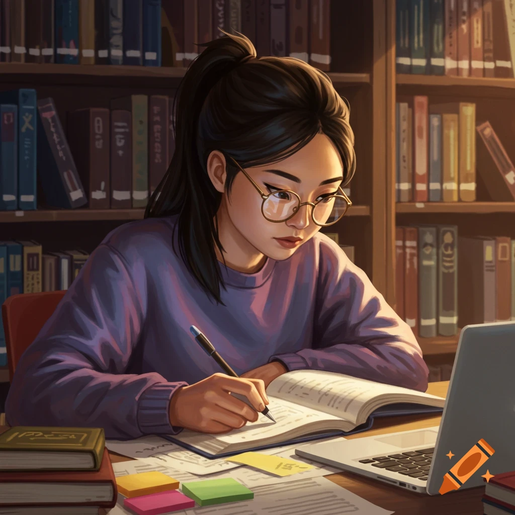 A college student studying at a desk in a library.