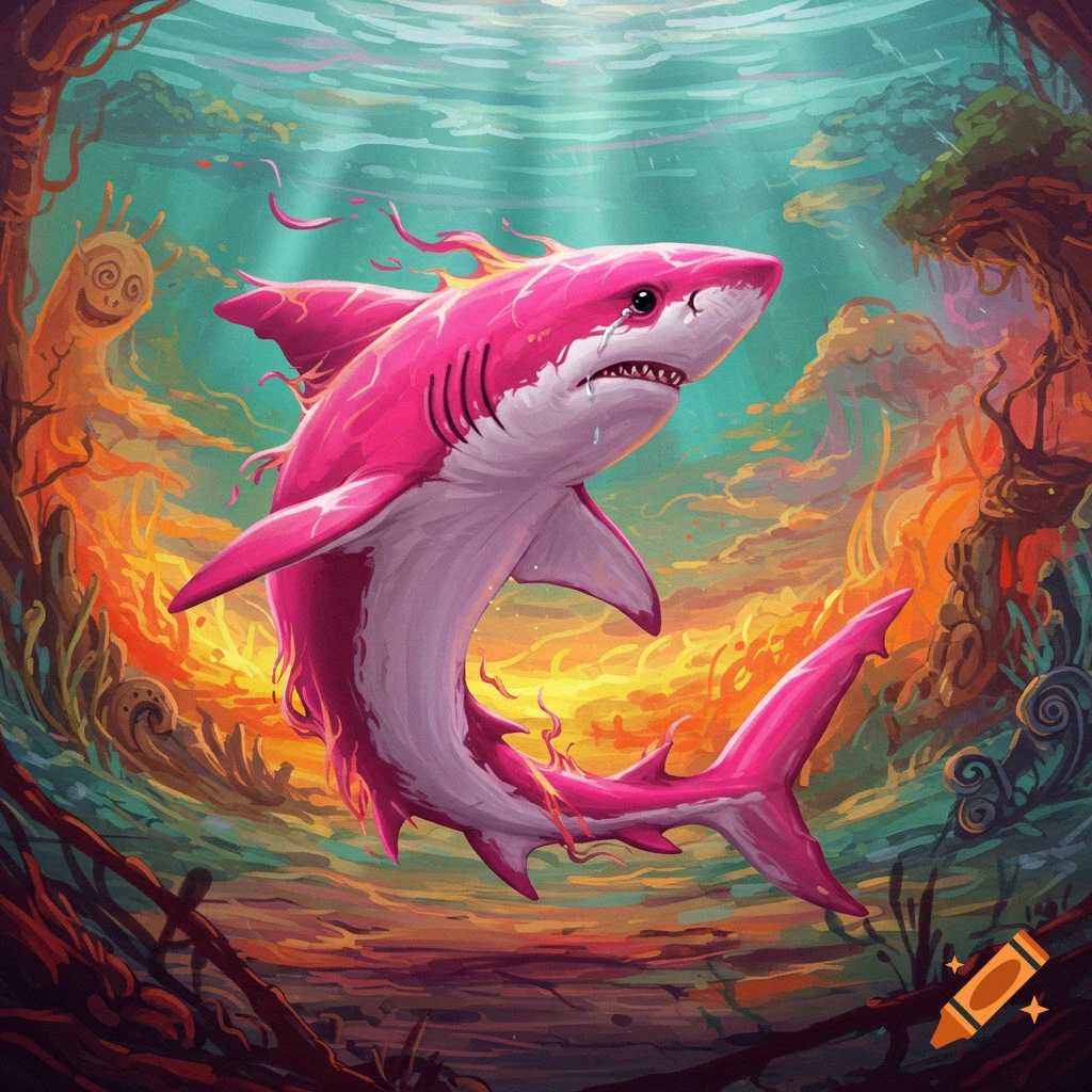 A crying pink shark swims in a surreal underwater scene with fire and strange creatures.