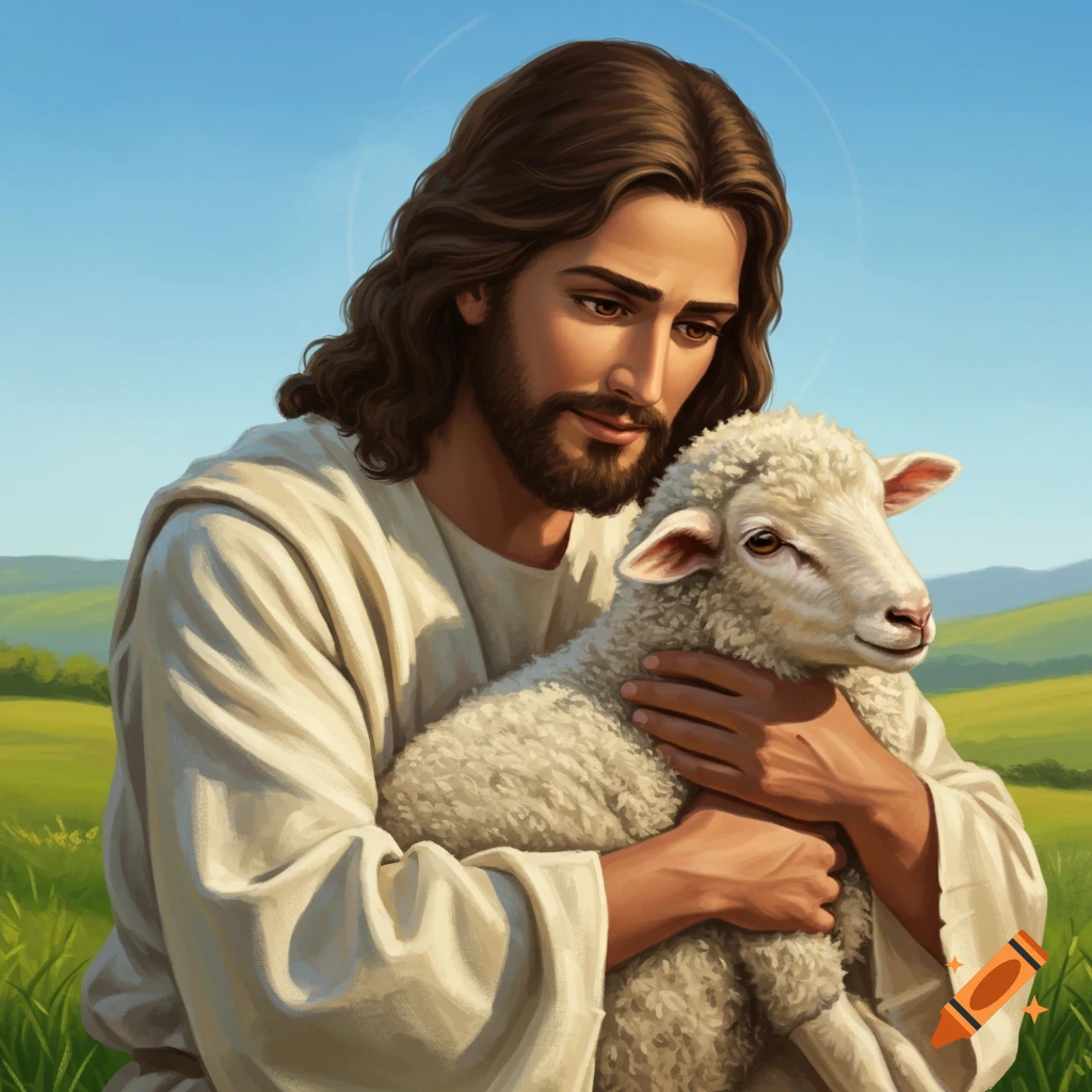 Jesus holding a sheep in a grassy field under a blue sky.