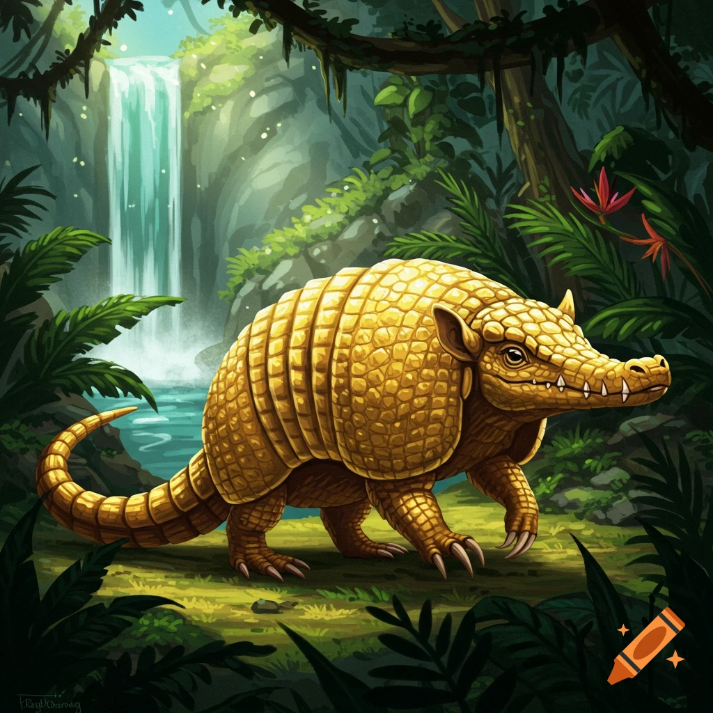 A golden bombardillo crocodillo creature walks through a lush jungle near a waterfall.