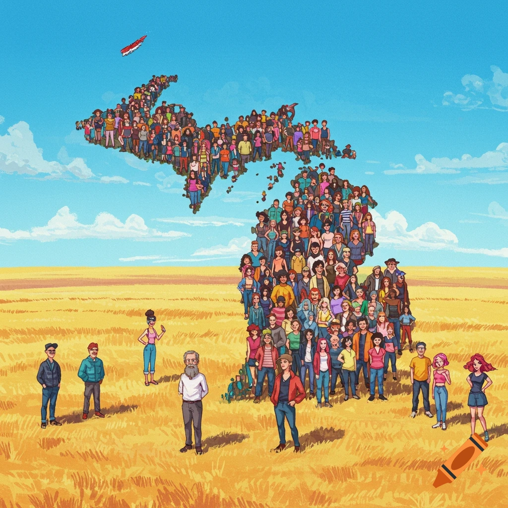 A crowd of people forming the shape of the state of Michigan in a field.