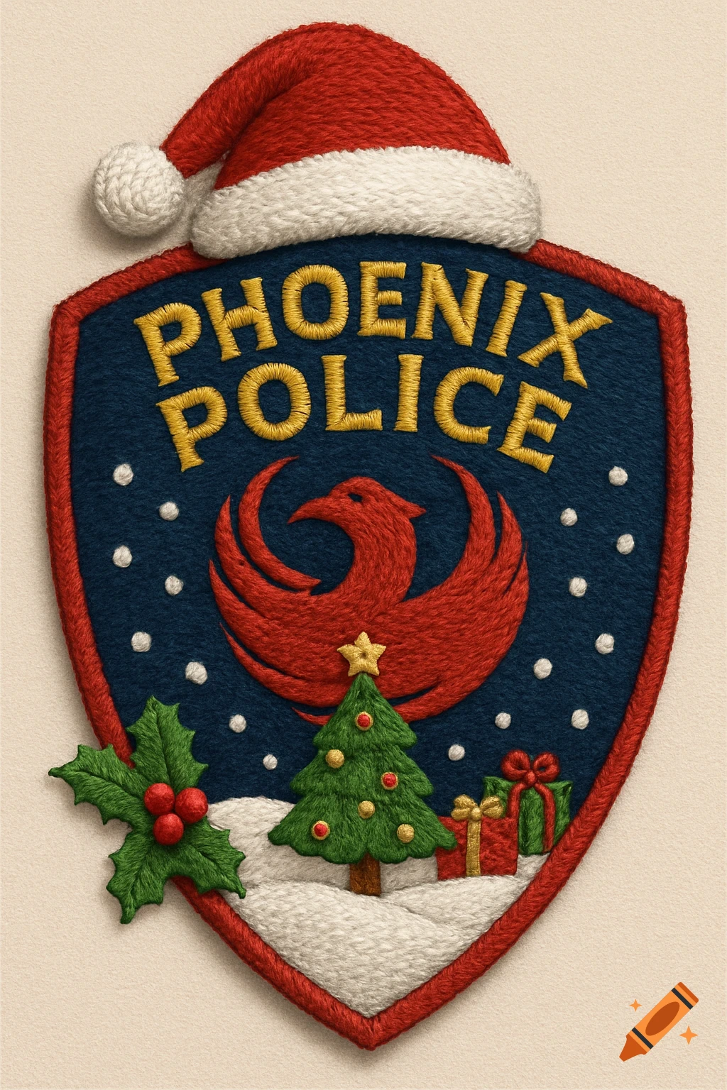 A Christmas-themed Phoenix Police shoulder patch featuring a Santa hat, holly, a Christmas tree, and presents.