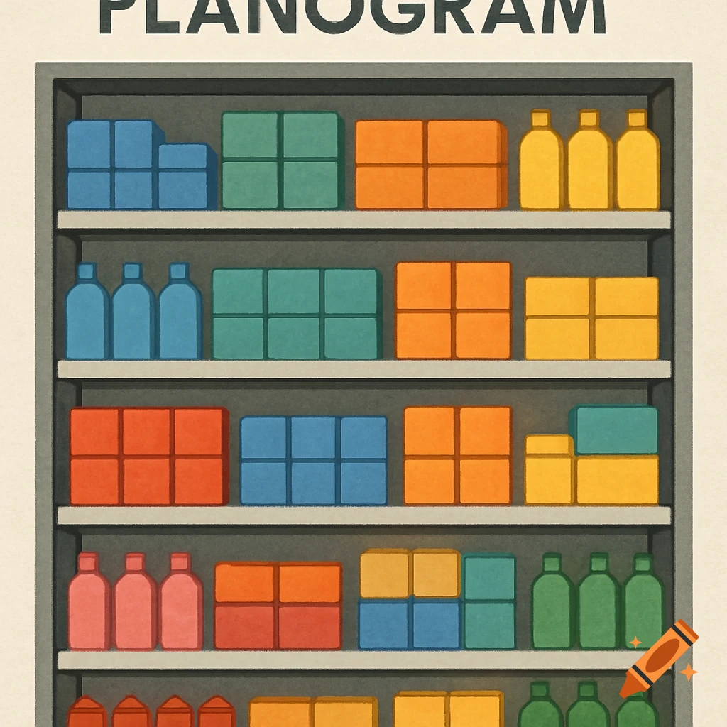 A planogram, showing shelves stocked with colorful boxes and bottles.