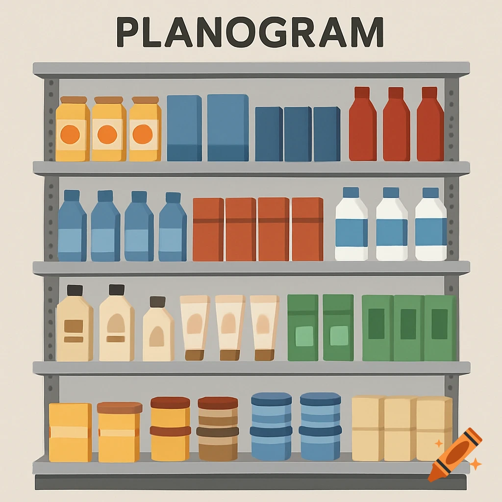 Illustration of a store shelf with various products and the text PLANOGRAM above.
