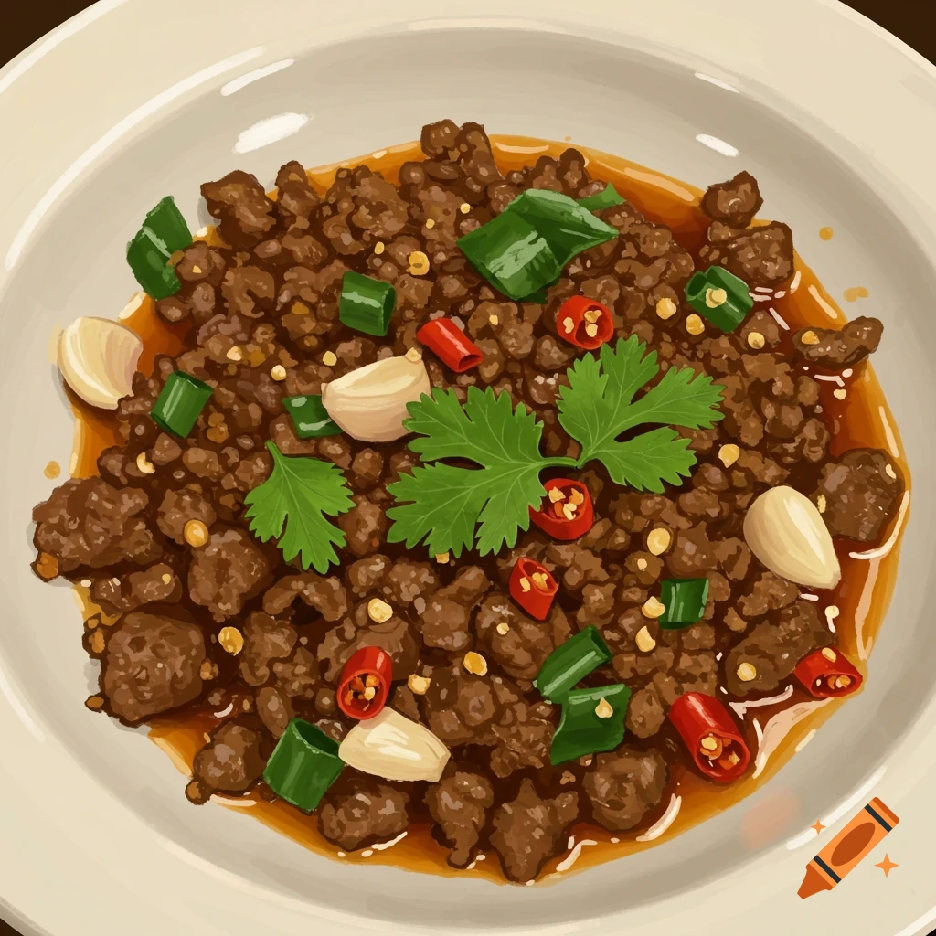 A dish of minced meat with chili peppers, garlic, and cilantro in a bowl.