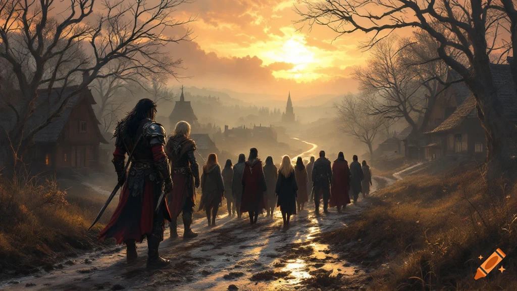 A group of figures walks away from a village down a path at sunset, fantasy art style.