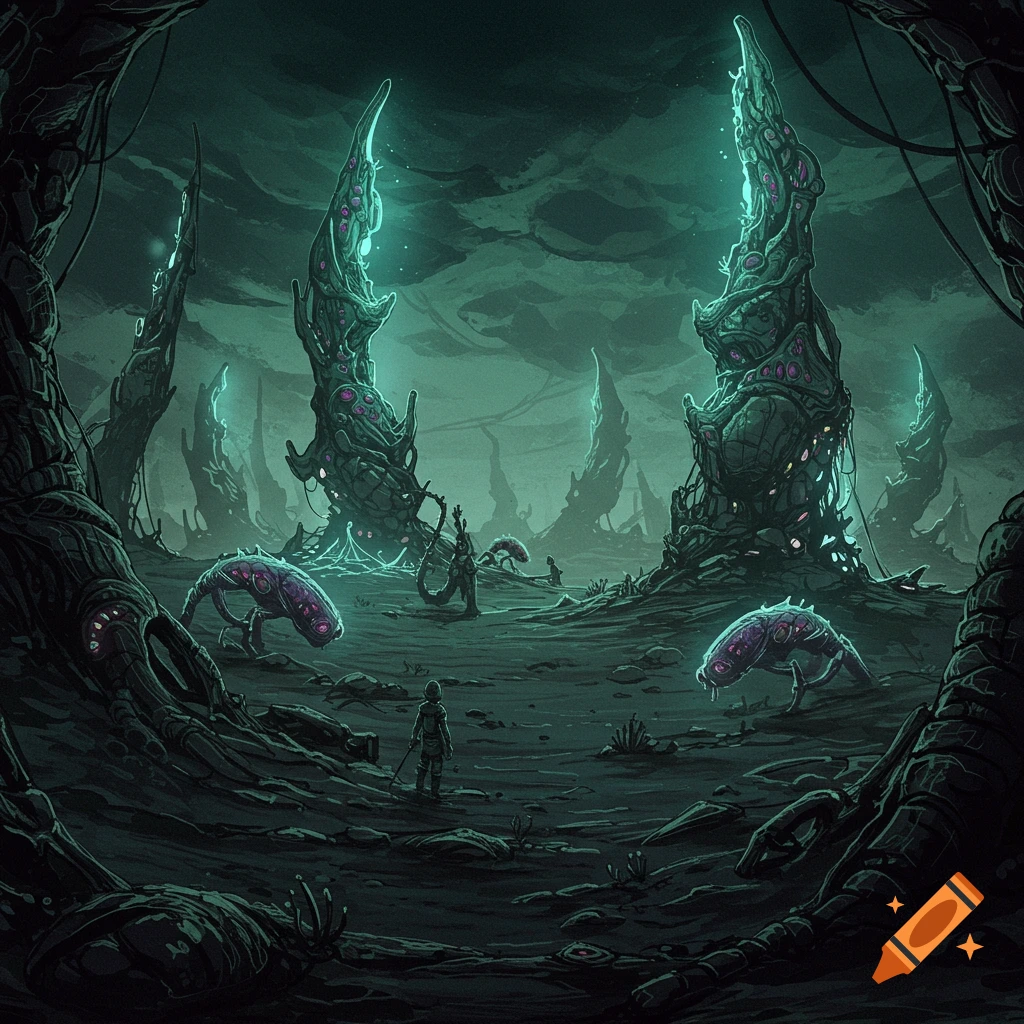 Detailed illustration of a figure in a dark alien landscape with strange glowing rock formations and alien creatures.
