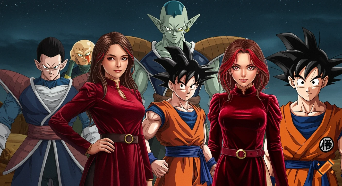 Dragonball Z characters and women in red dresses stand together in a desert scene, mixed anime and realistic style.