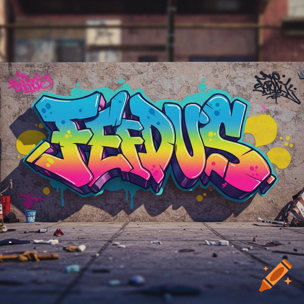 Colorful 3D graffiti spelling FEDUS on a concrete wall in an urban setting with debris.