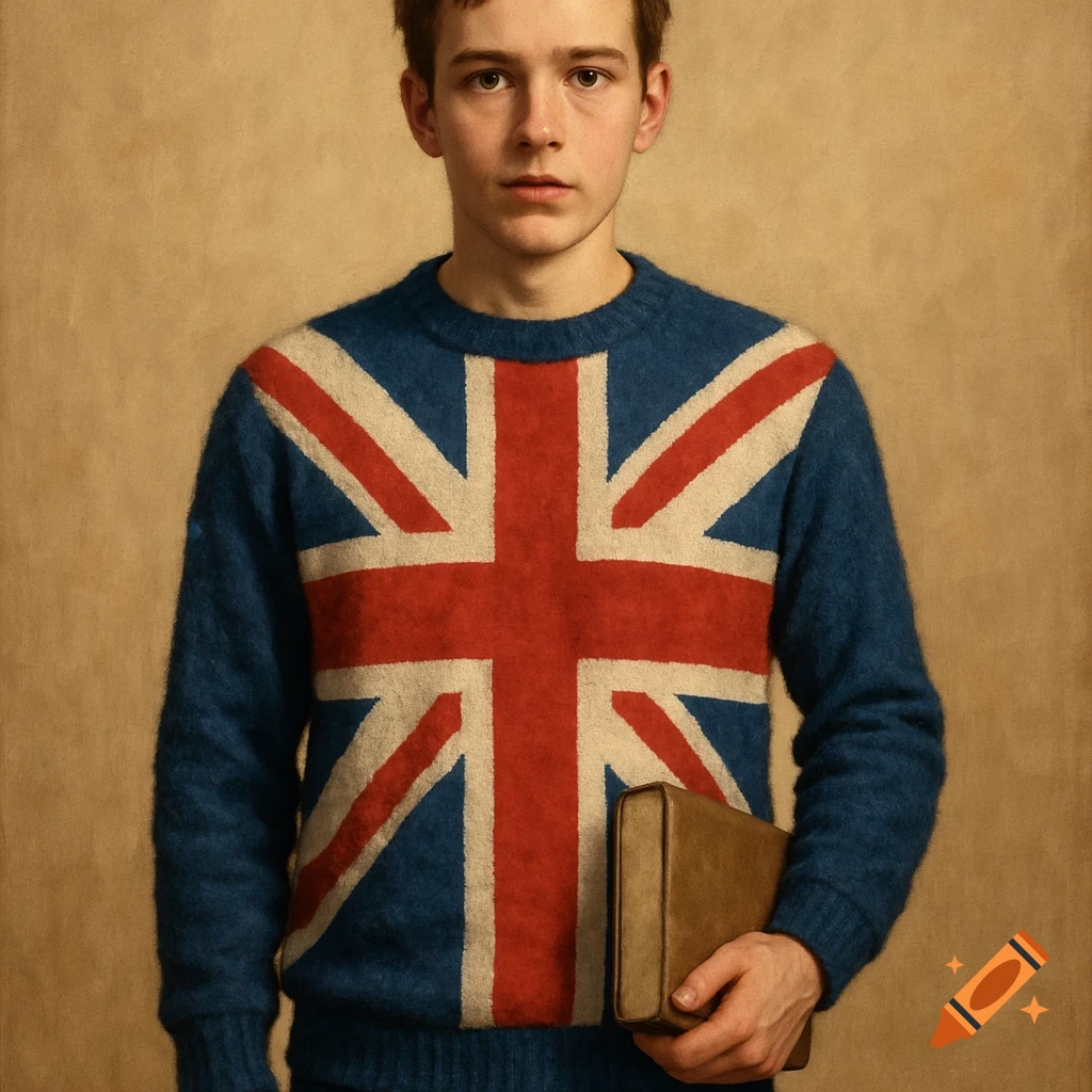 A young man wearing a Union Jack sweater is holding a book.