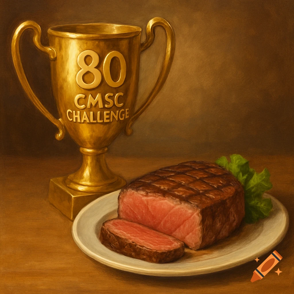 A gold trophy next to a medium rare steak on a plate.