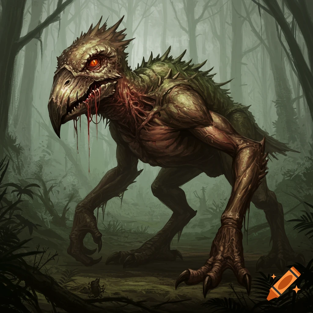A terror bird-like fantasy creature with red eyes and dripping blood stands in a misty forest.