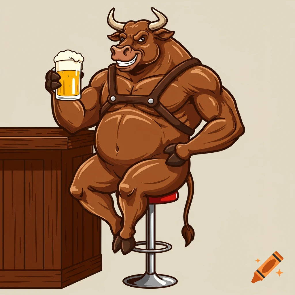 Cartoon bull sits on a barstool at a counter, holding a beer.