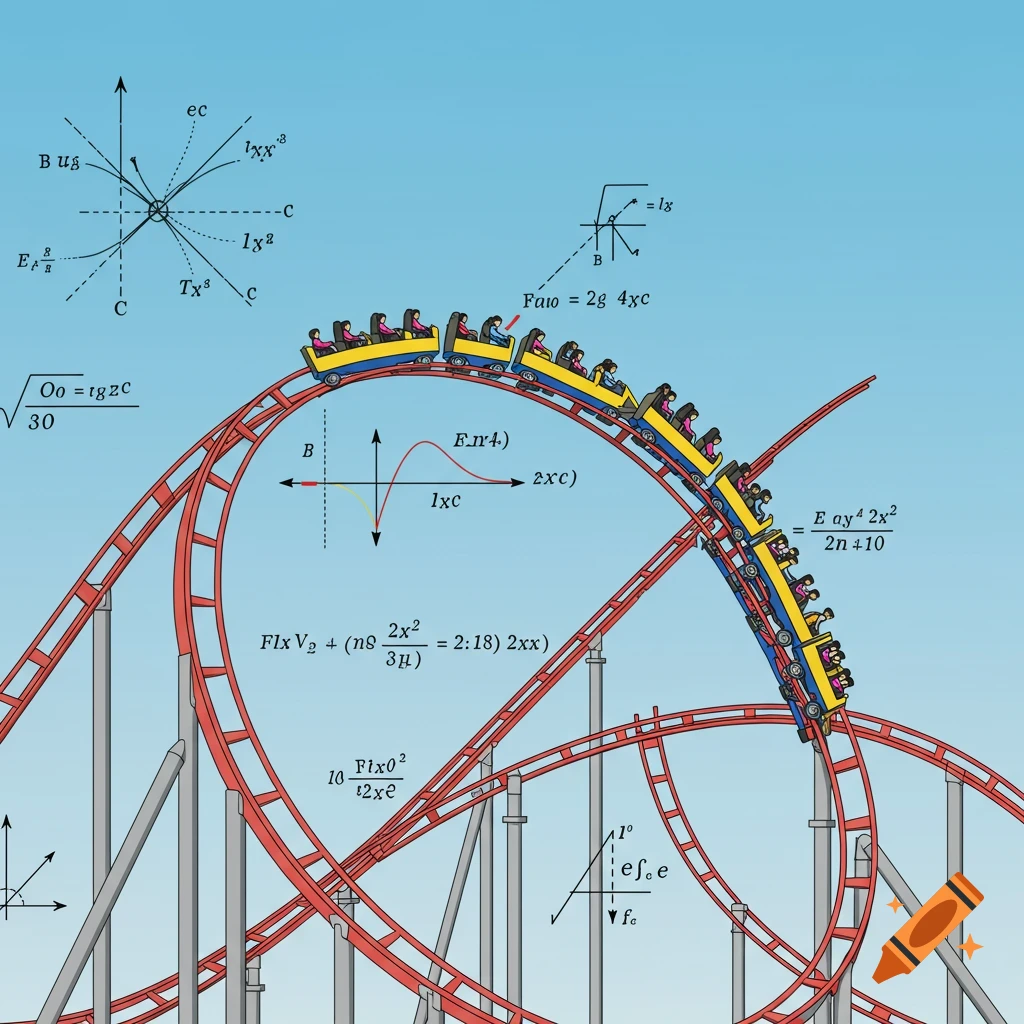 Illustration of a roller coaster with physics equations and diagrams on a blue background.