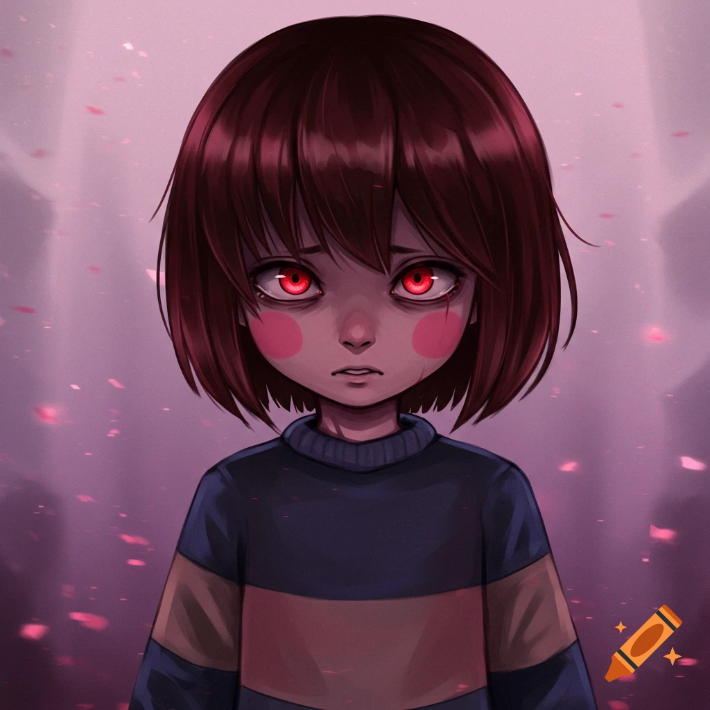 Close-up illustration of Chara from Undertale with red eyes and sad expression, wearing a striped sweater.