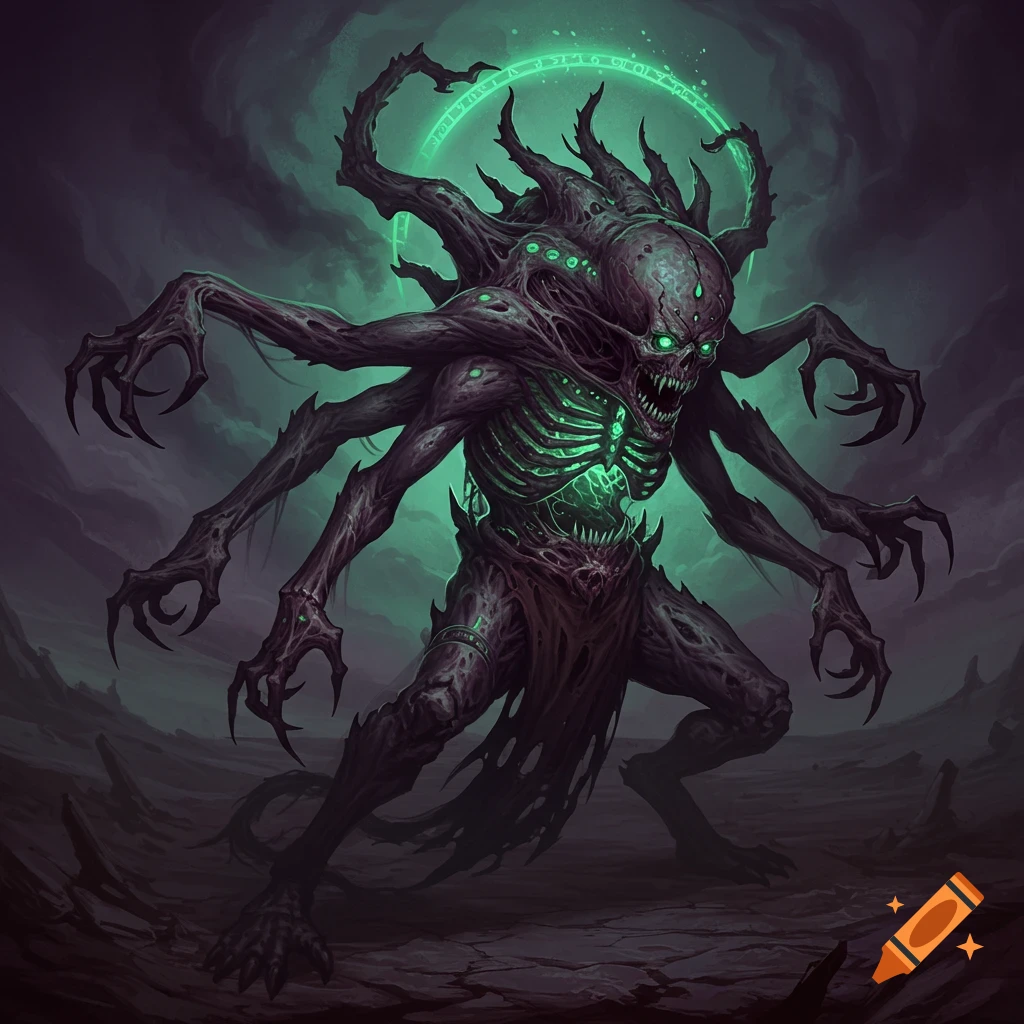 A multi-limbed eldritch creature with glowing green eyes and chest, surrounded by a glowing green ring.