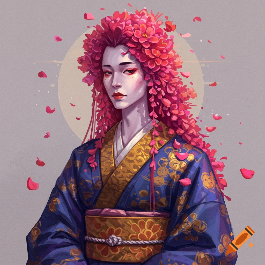 Painting of a person in Japanese robes with pink flower hair.