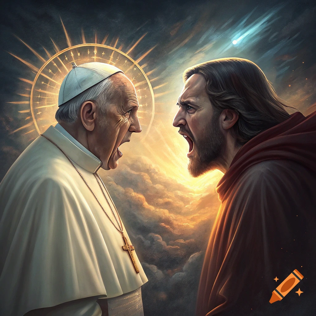 Pope Francis and Jesus face each other shouting against a dramatic cloudy sky.