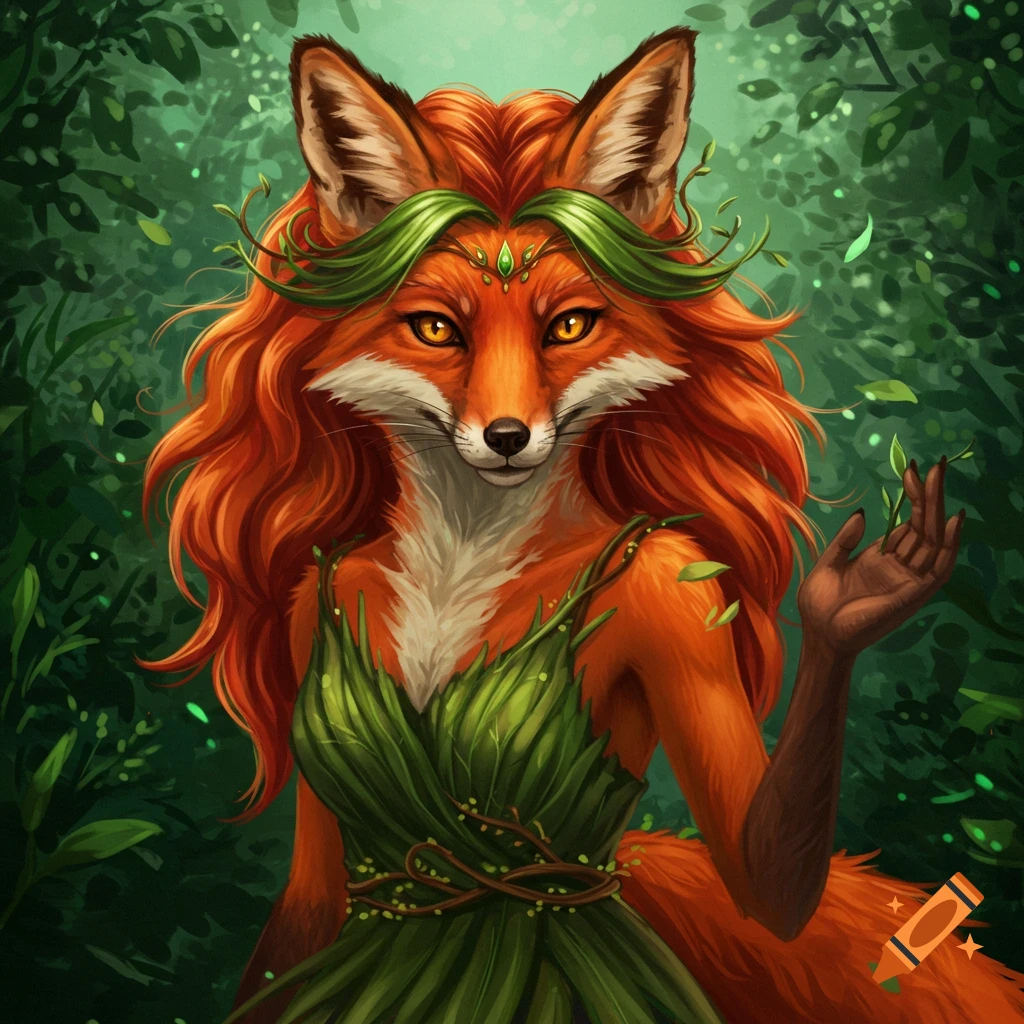 A female fox creature wearing a dress made of leaves in a forest.