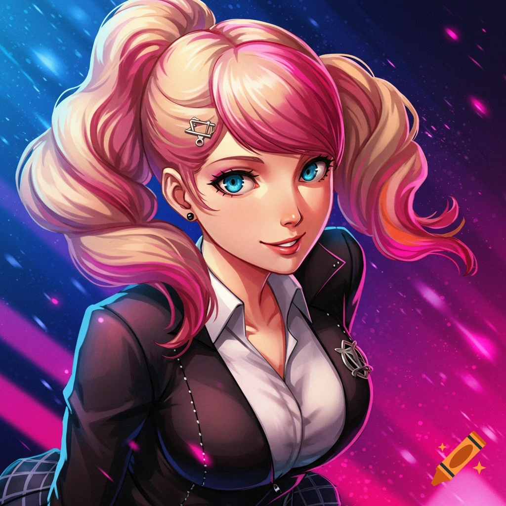 Anime girl Ann Takamaki with blonde and pink pigtails, blue eyes, and school uniform against a neon background.