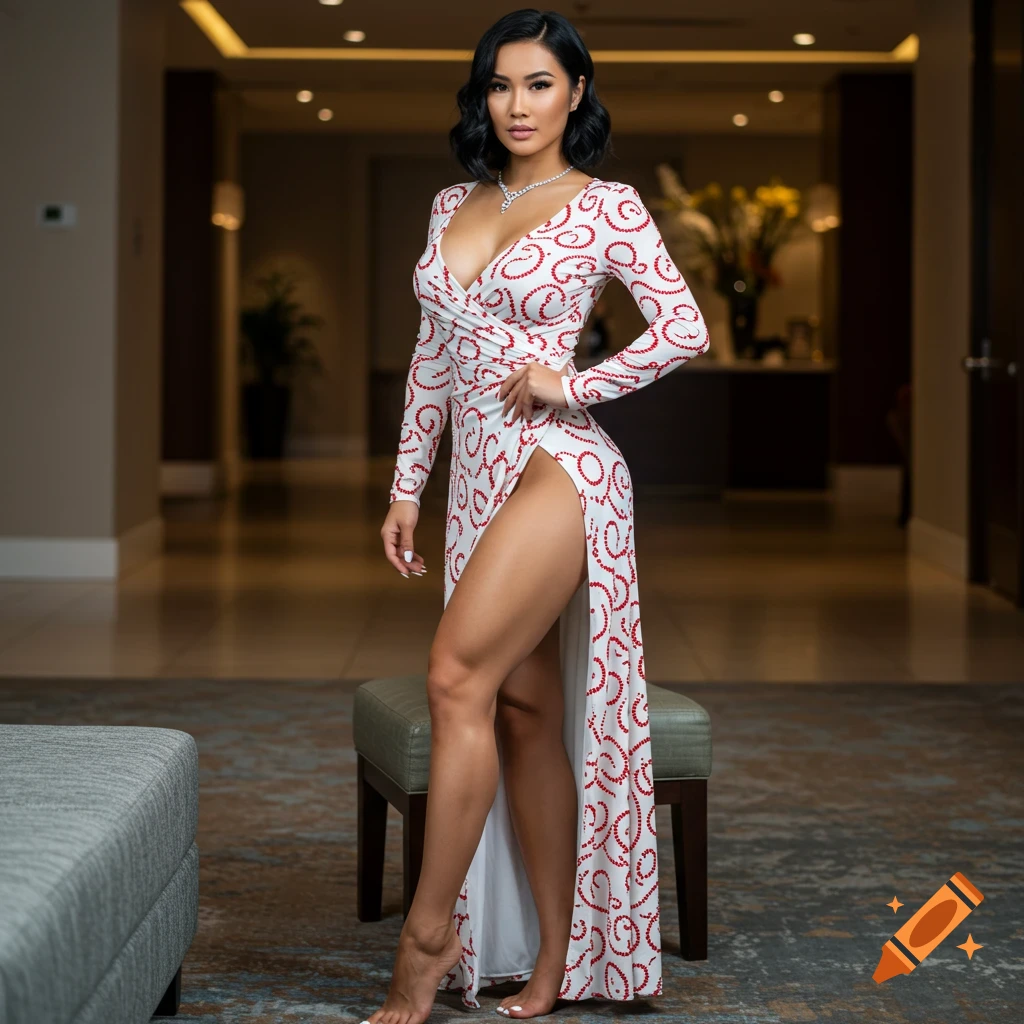 Woman in a white dress with red pattern and high slit posing in a hotel lobby.