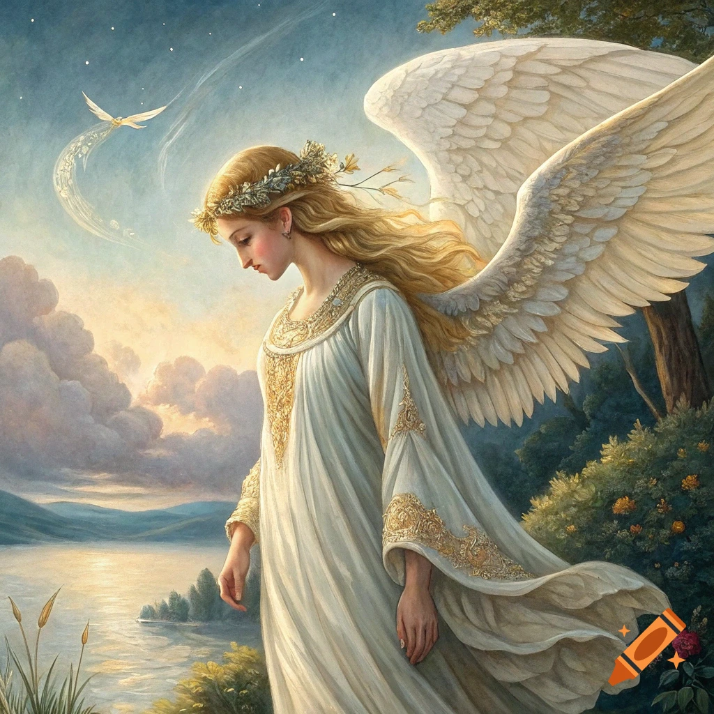 Renaissance style painting of an angel in a white dress and wings standing by a lake at sunset.