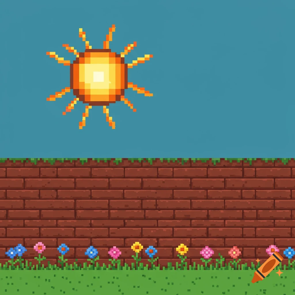 Pixel art landscape with sun, brick wall, grass, and colorful flowers