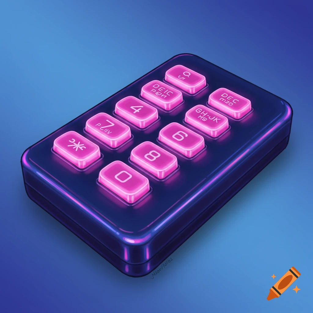 A purple and pink glowing numeric keypad on a blue background.