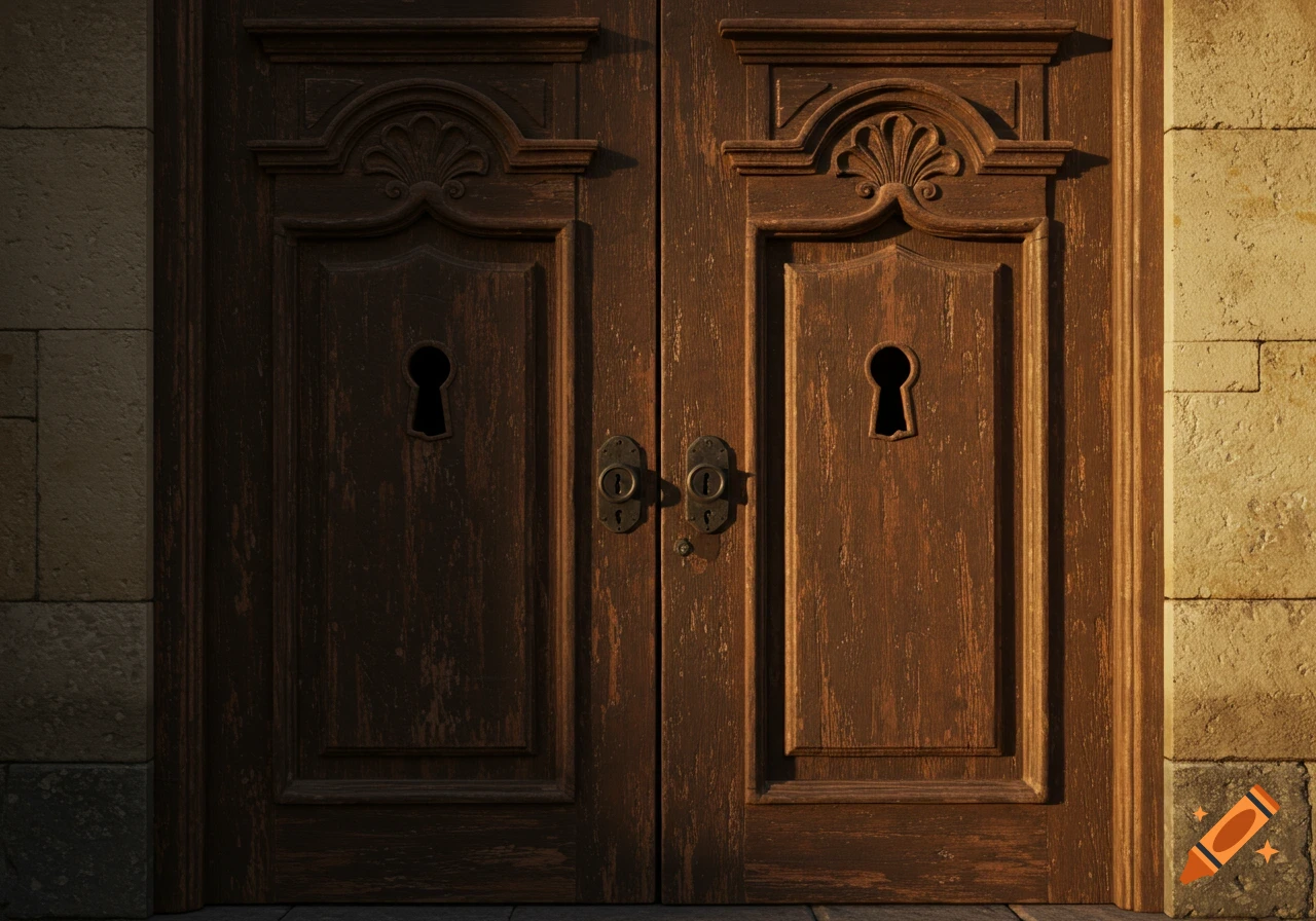 Close-up of a double wooden door with keyholes, photorealistic style.