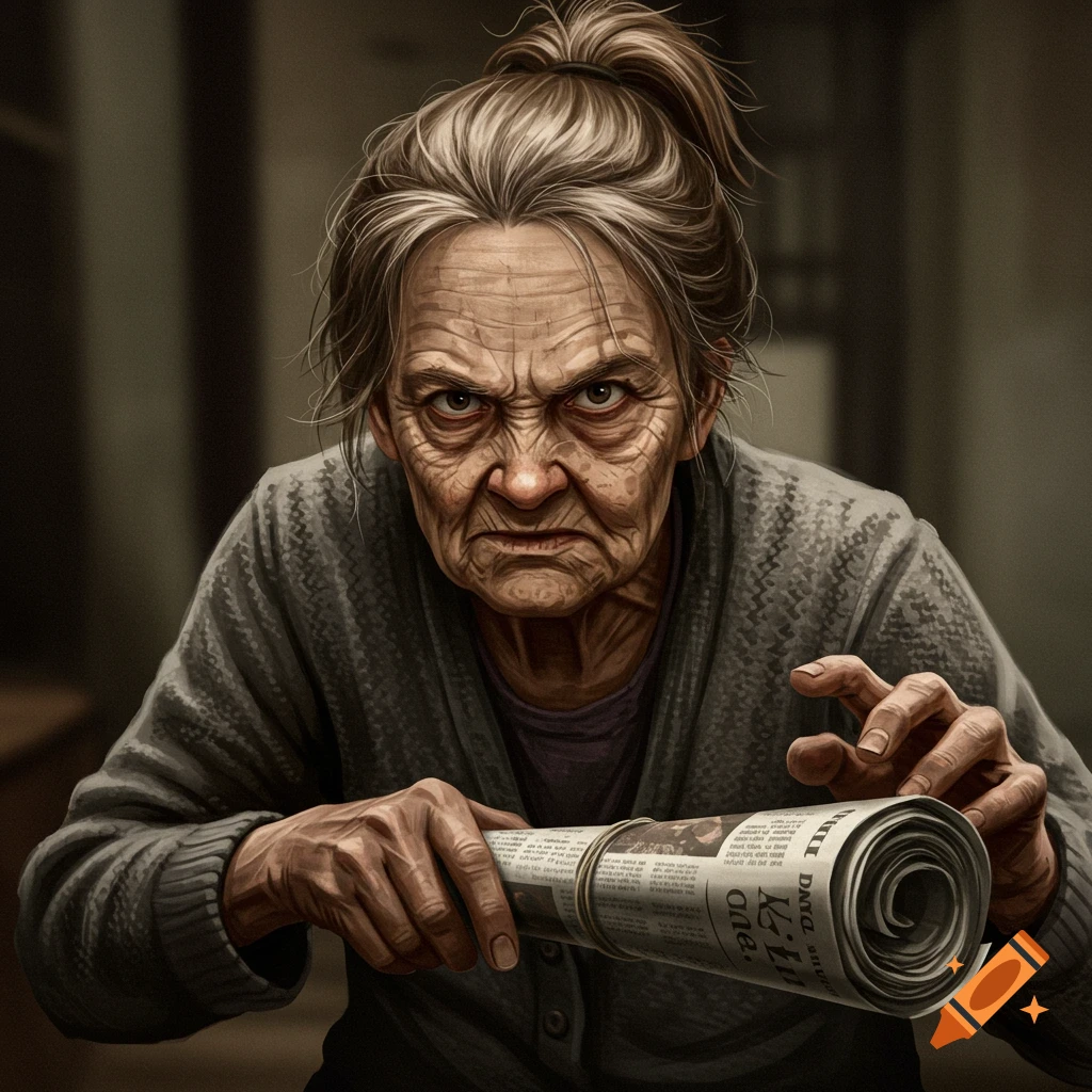 A wrinkly old woman with a ponytail holds a rolled newspaper threateningly.