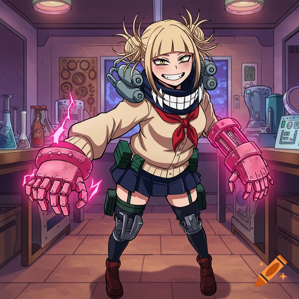 Anime character with blonde hair, fanged scarf, and mechanical arms standing in a lab