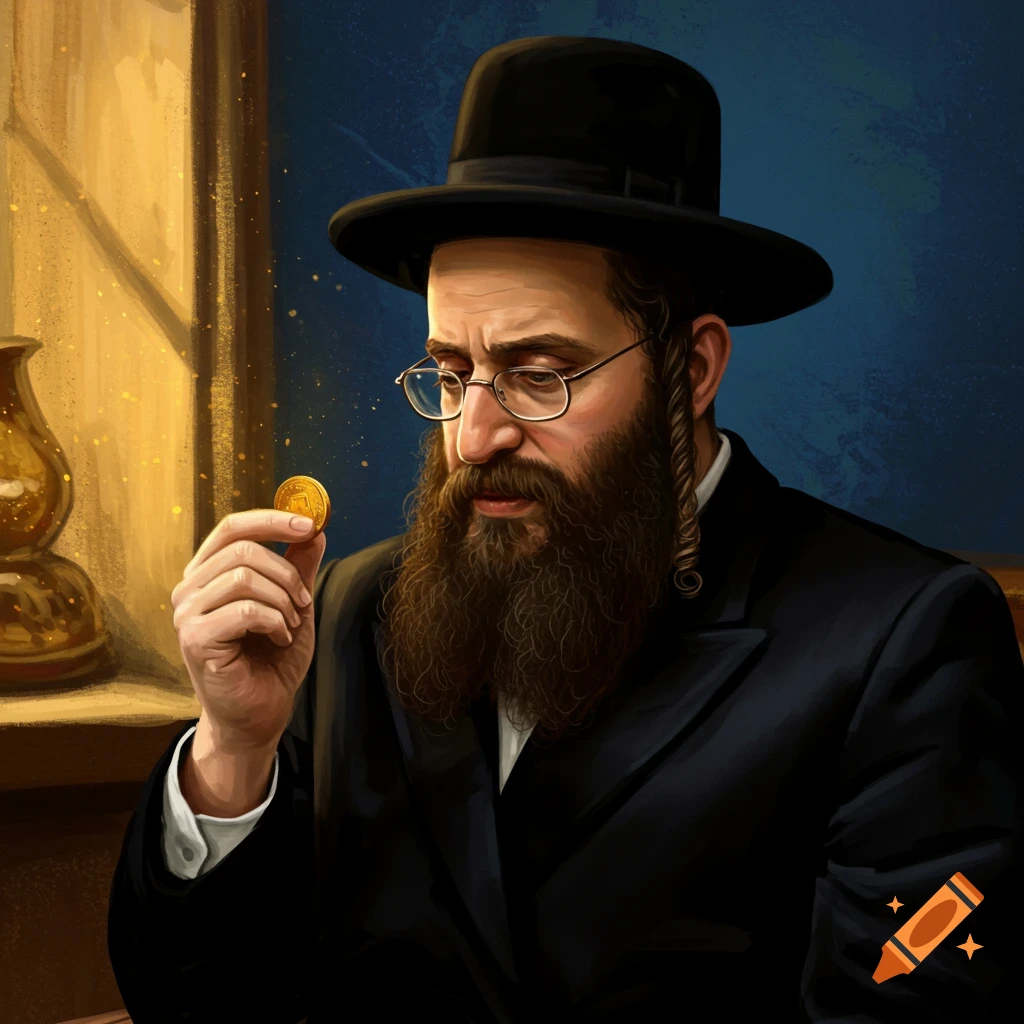 A man with a beard and hat closely examines a gold coin.