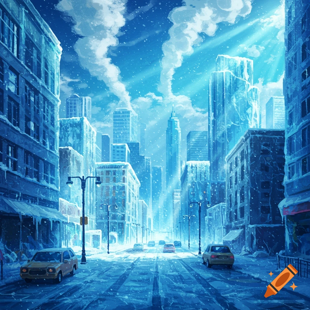 A city street frozen over with ice and snow, sunlight streaming through.