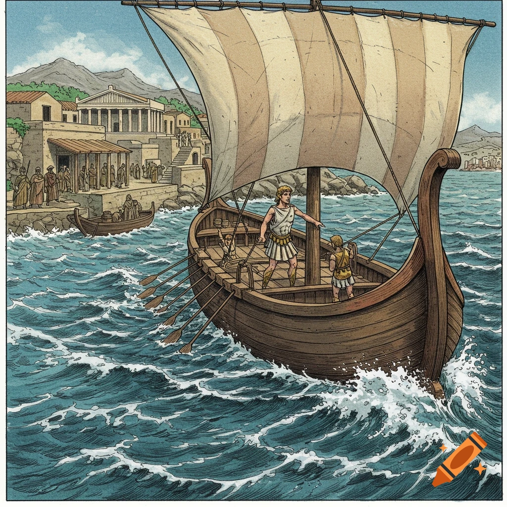 Illustration of an ancient Greek sailing ship leaving a village with people on shore.